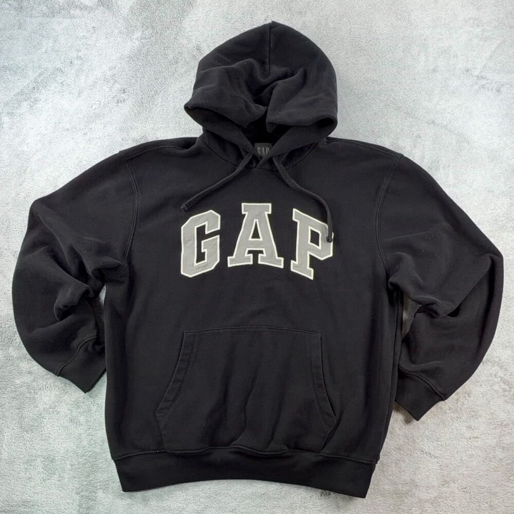 Gap Arch Logo Pullover Hoodie Men's Black M Fleece Drawstring Kangaroo Pocket